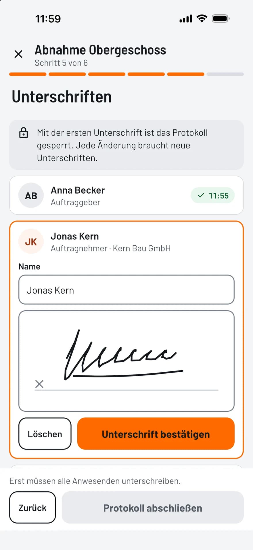 TagFix-Abnahmeprotokoll: eine Partei hat unterschrieben, die nächste unterschreibt auf dem Bildschirm