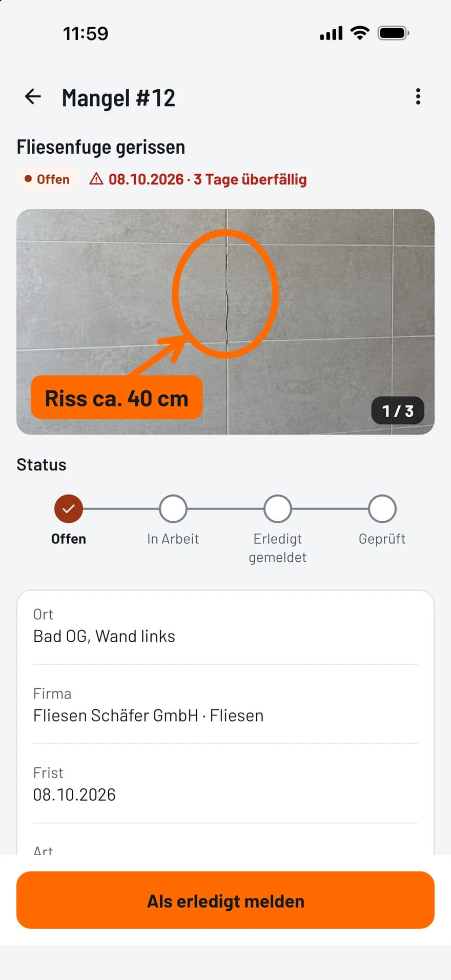 TagFix-Ansicht eines Mangels mit markiertem Foto, Status, Firma und Frist