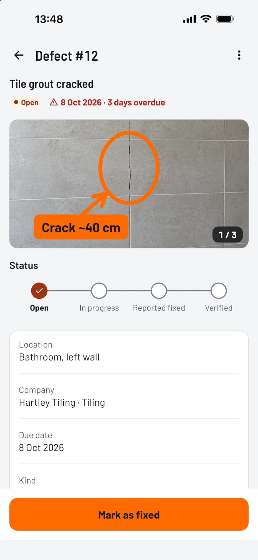 TagFix screen of a snag with a marked-up photo, its status, company and due date