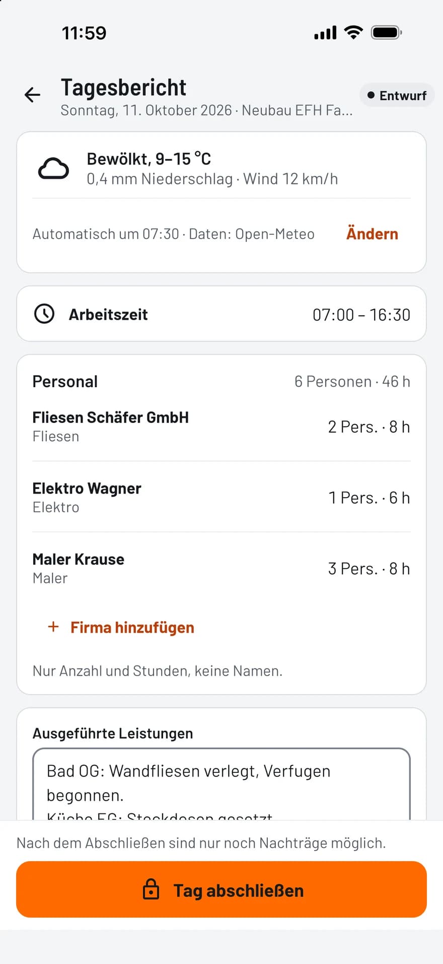 TagFix-Tagesbericht mit Wetter, Arbeitszeit und Personal je Firma