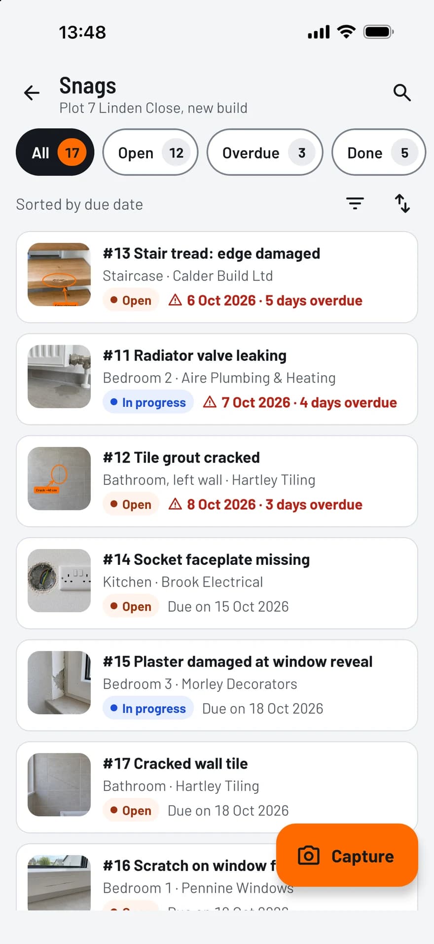 TagFix snag list with photo thumbnails, status, companies and overdue due dates