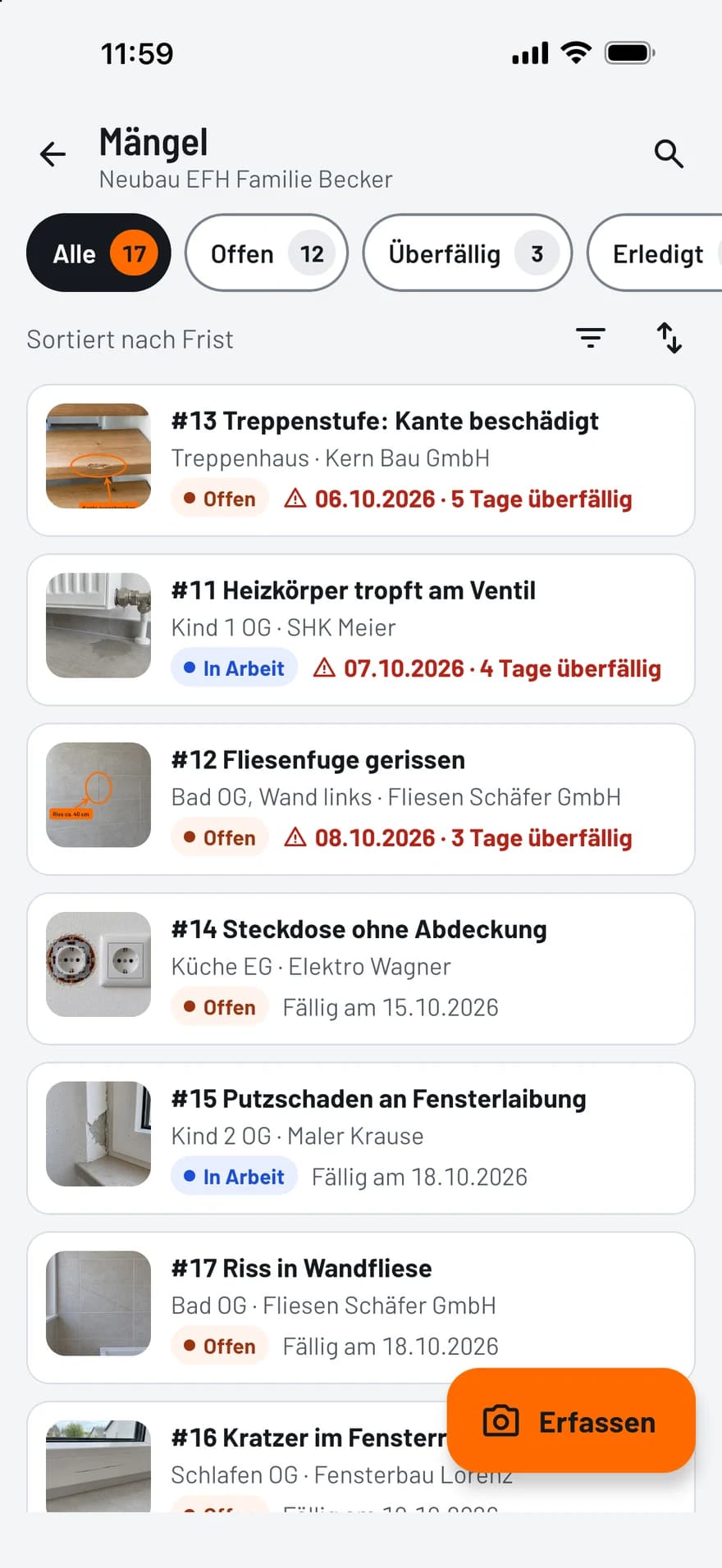 TagFix-Mängelliste mit Vorschaubildern, Status, Firmen und überfälligen Fristen