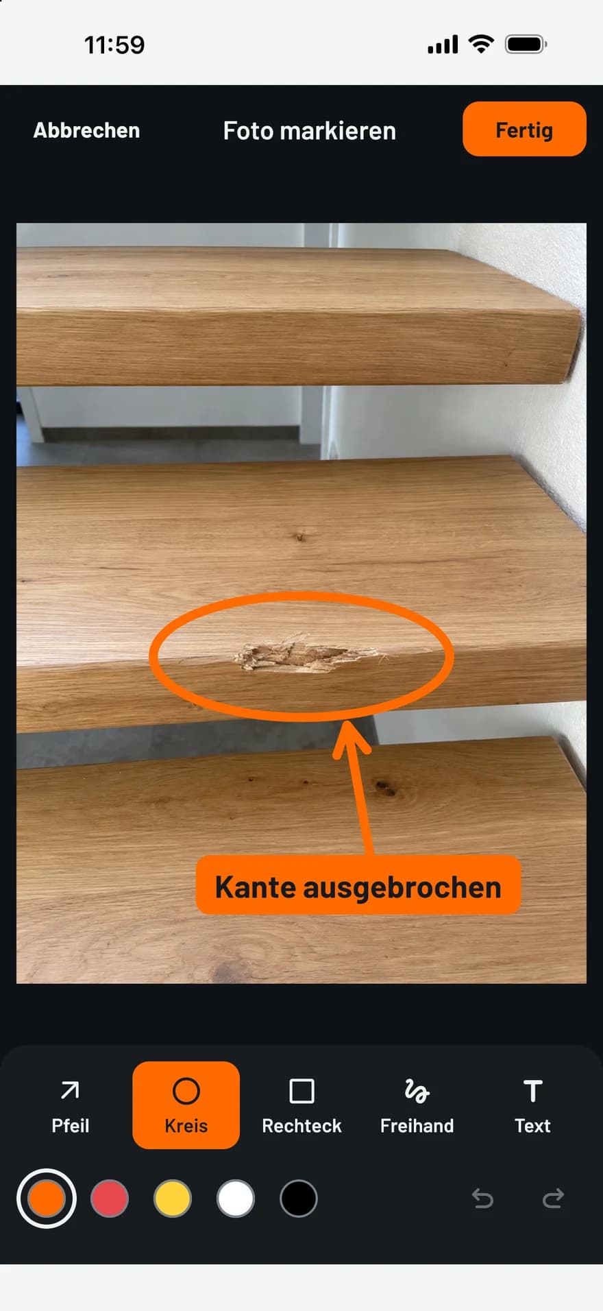 TagFix-Fotoeditor: eine beschädigte Stelle, markiert mit Kreis, Pfeil und Textfeld
