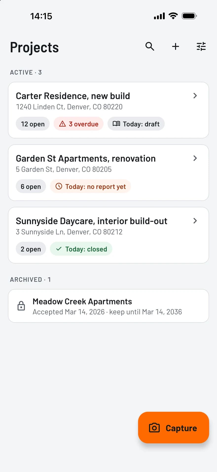 TagFix project list showing for each site the open defects and whether today’s report is a draft or closed