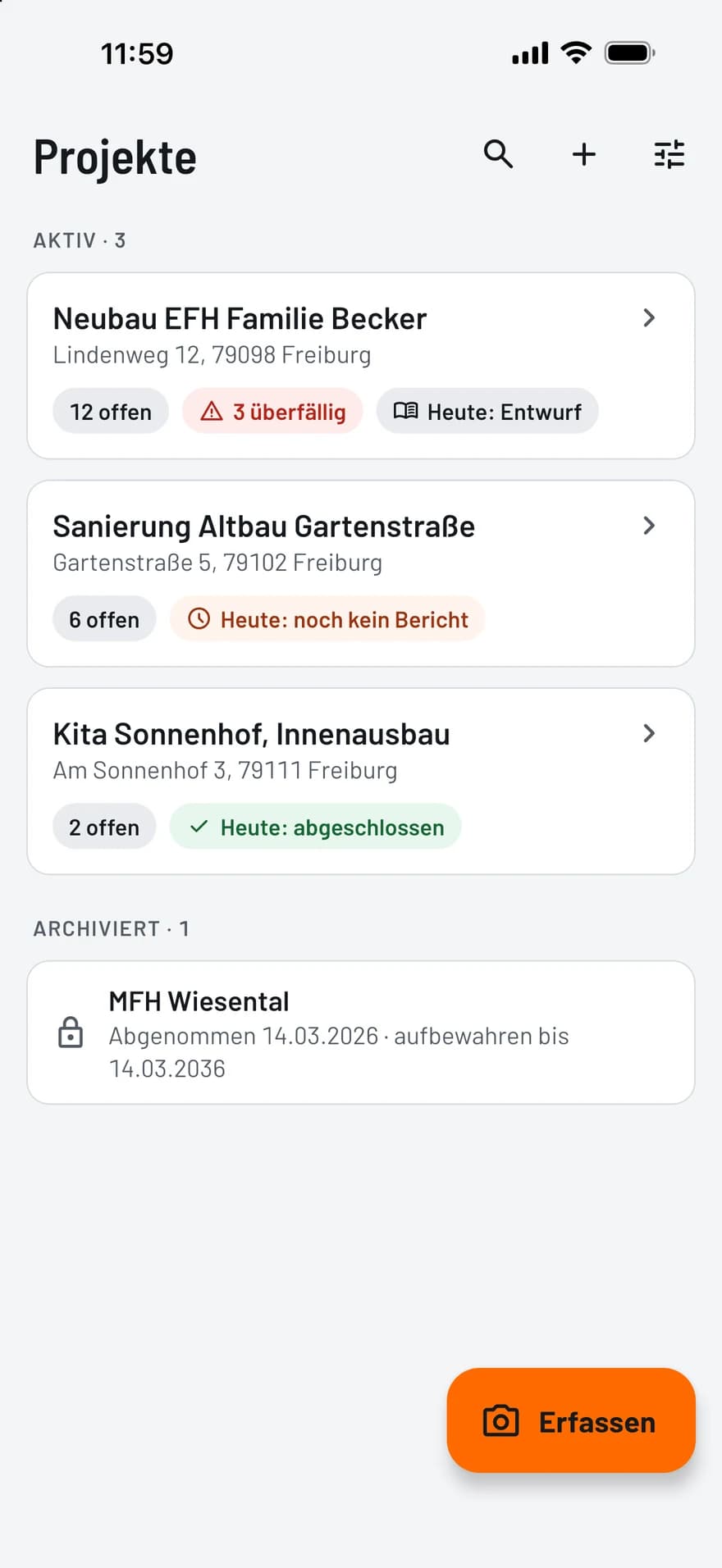 TagFix-Projektliste: je Baustelle die offenen Mängel und ob der heutige Bericht ein Entwurf oder abgeschlossen ist