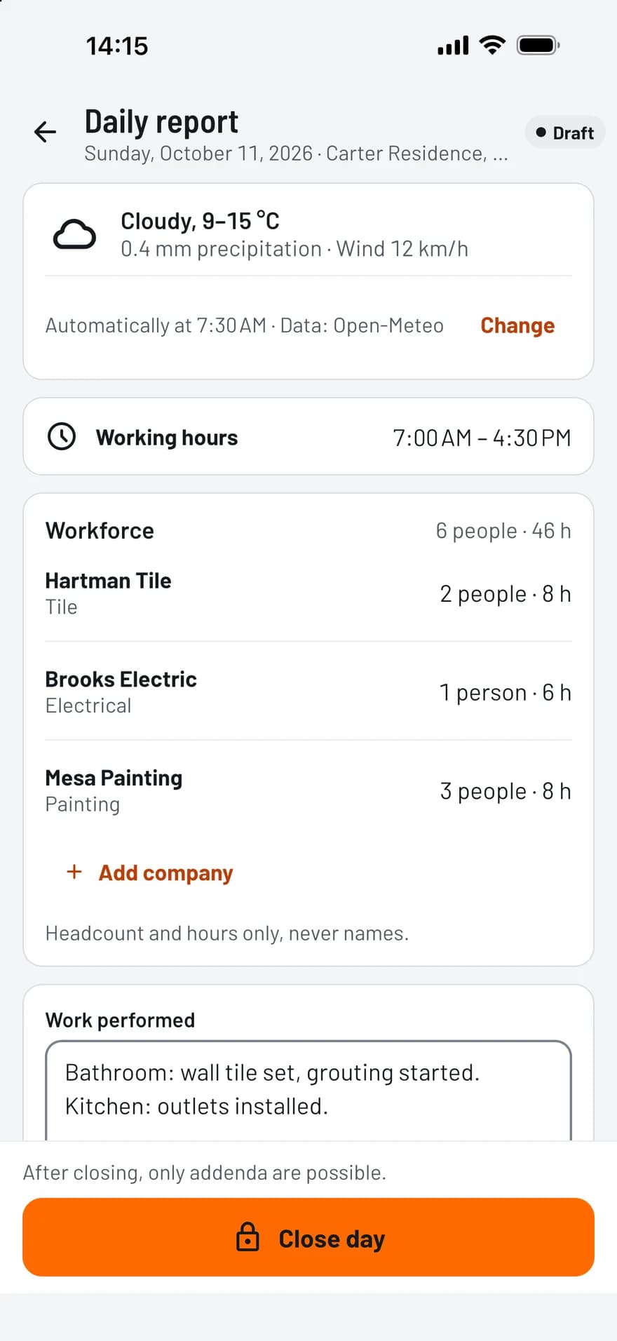 TagFix daily report with weather, working hours and workforce per company