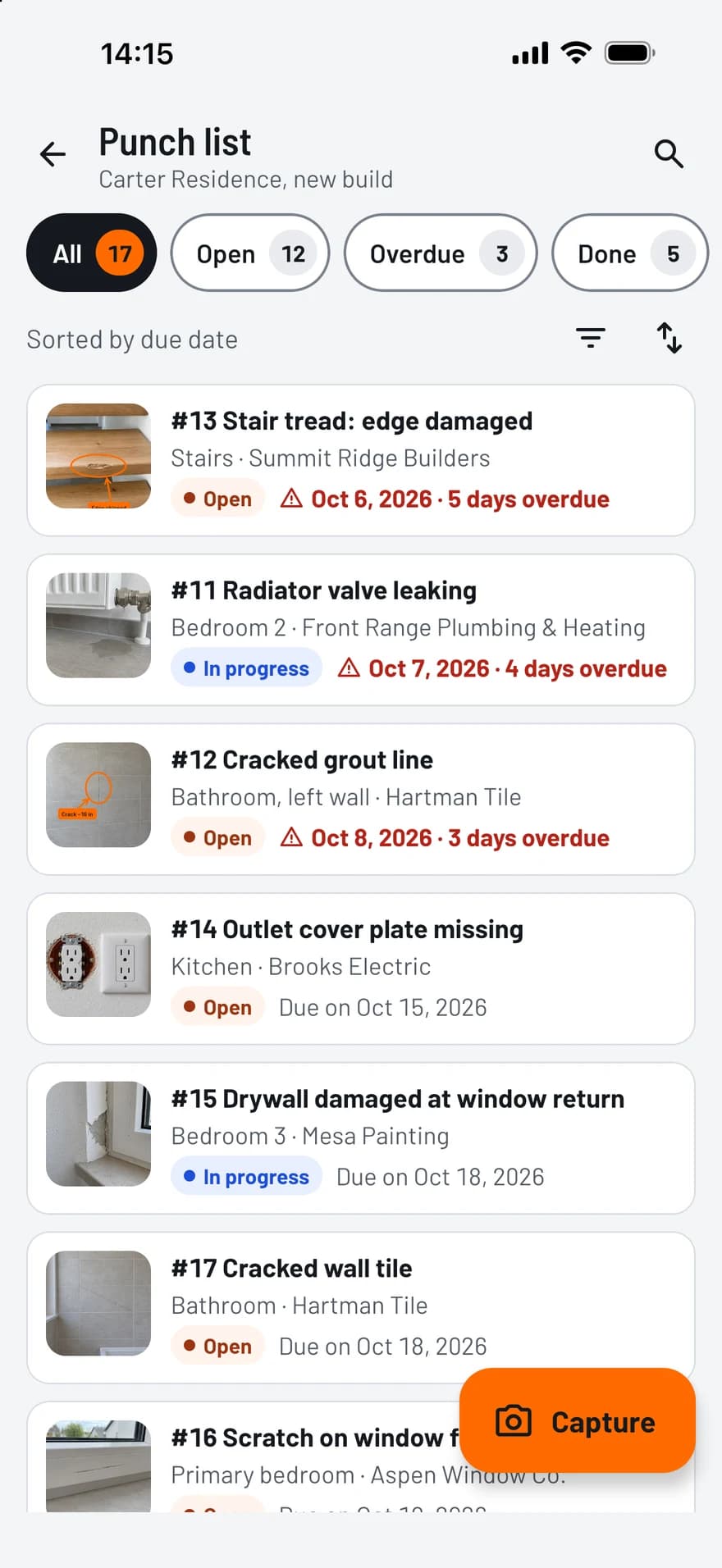 TagFix punch list with photo thumbnails, status, companies and overdue due dates