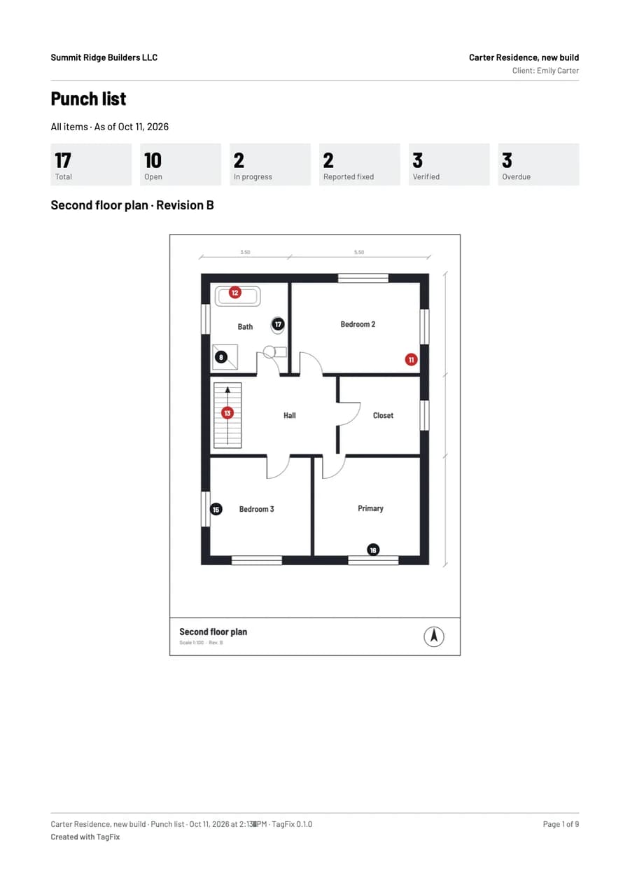 First page of a punch list report from TagFix, with the counts per status and a floor plan with pins